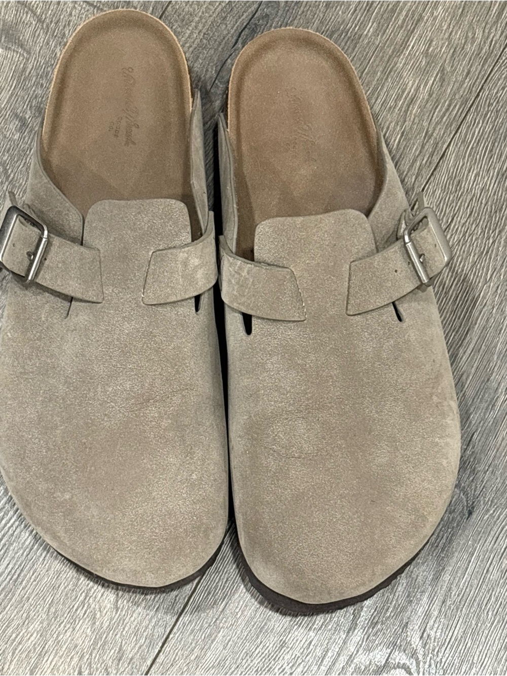 ***SOLD***Universal Thread Taupe Suede Slip-On Clogs with Buckle
